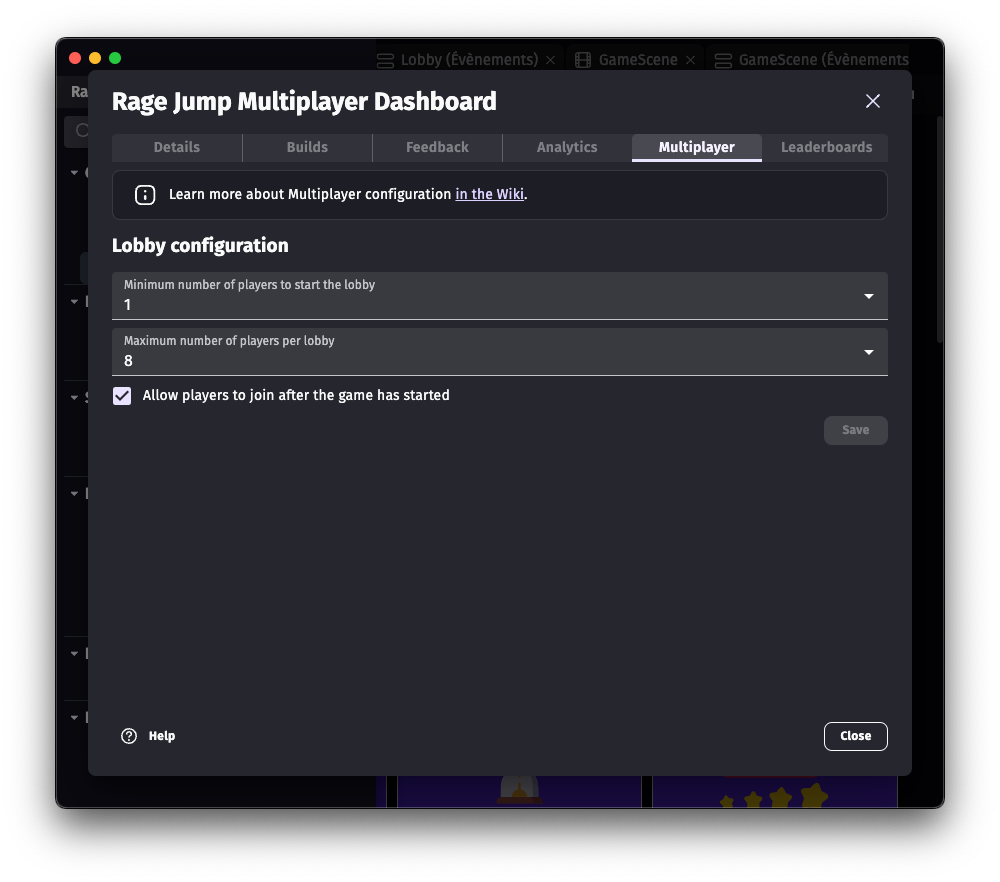 Lobbies configuration in the game dashboard